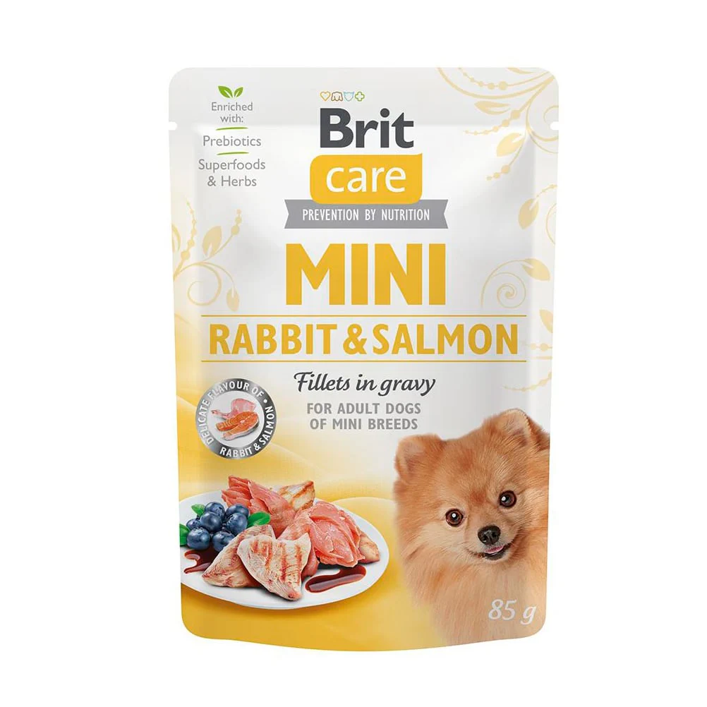 Наталія К. Влажный корм для взрослых собак миниатюрных пород Brit Care Mini из филе кролика и лосося в соусе, 85 г photo