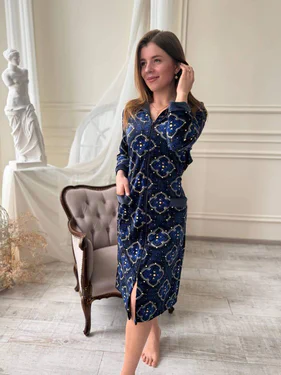 Велюровый халат с капюшоном на замке с длинным рукавом Синий S/M (velur004-4) (1028341)