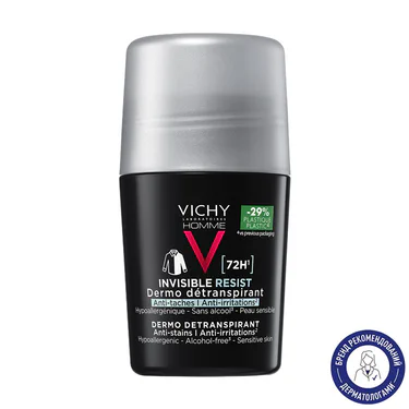 Шариковый дезодорант-антиперспирант Vichy Homme Invisible Resist 72 часа защиты от пота и запаха, 50 мл